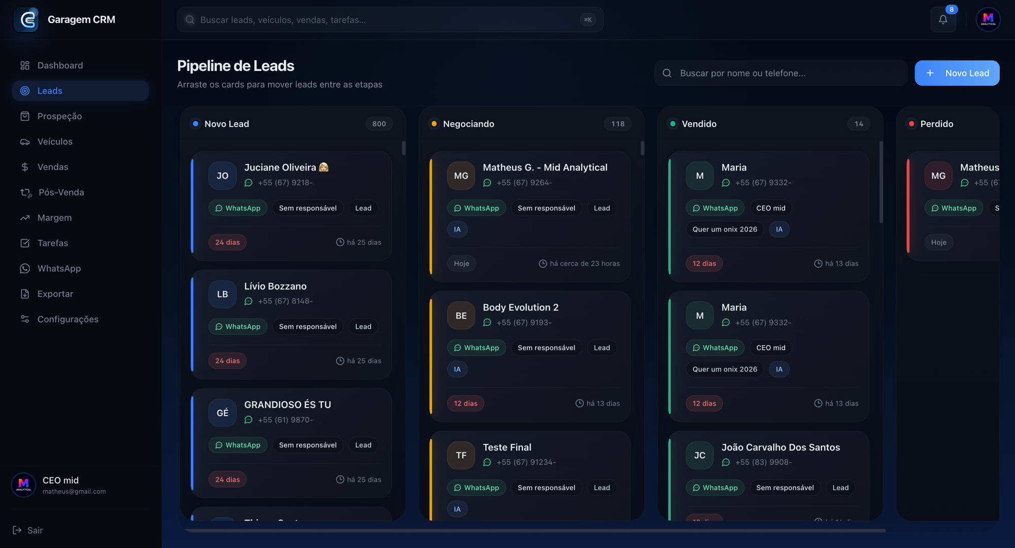 Pipeline de Leads do Garagem CRM