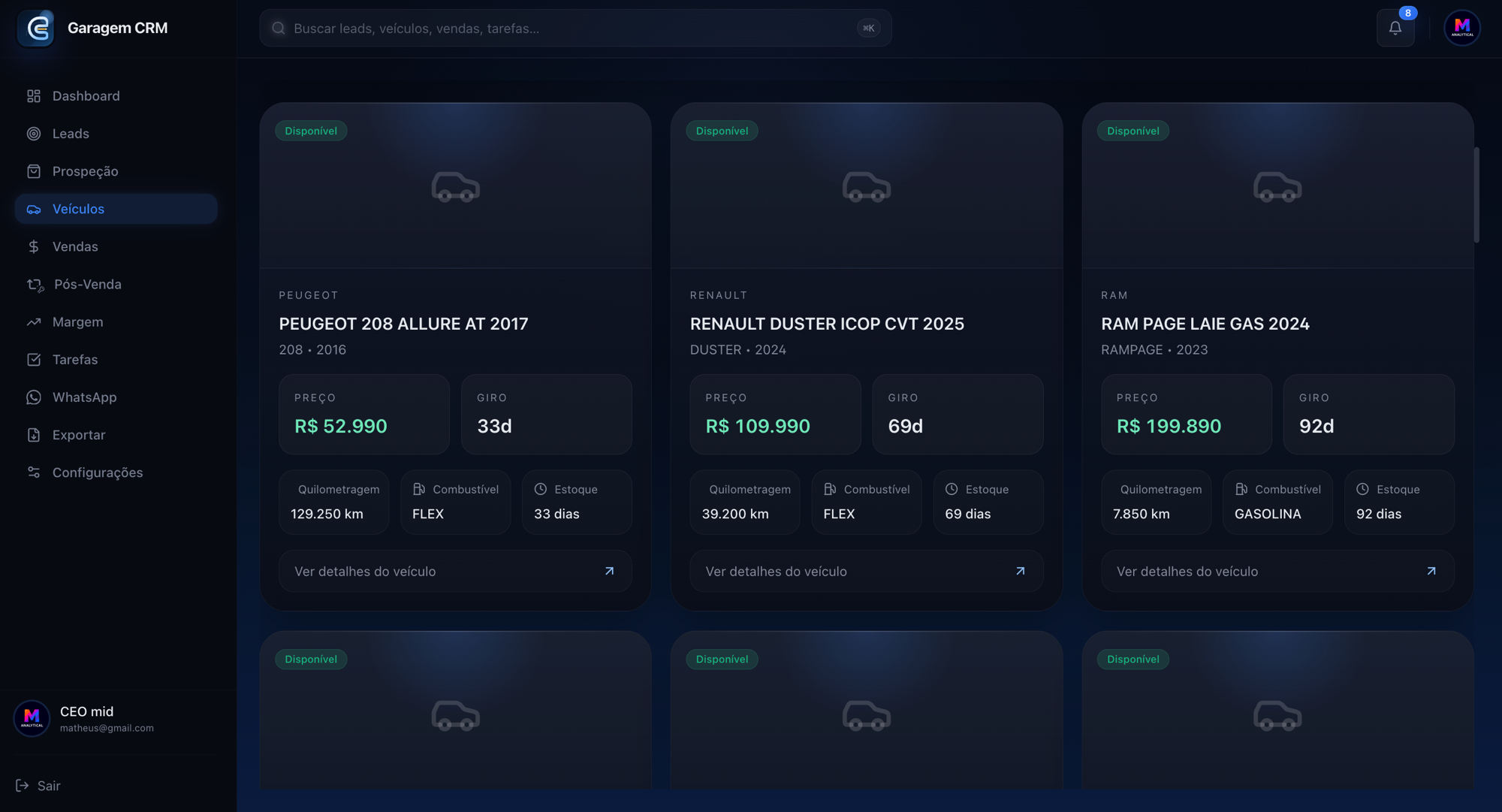 Estoque de Veículos do Garagem CRM